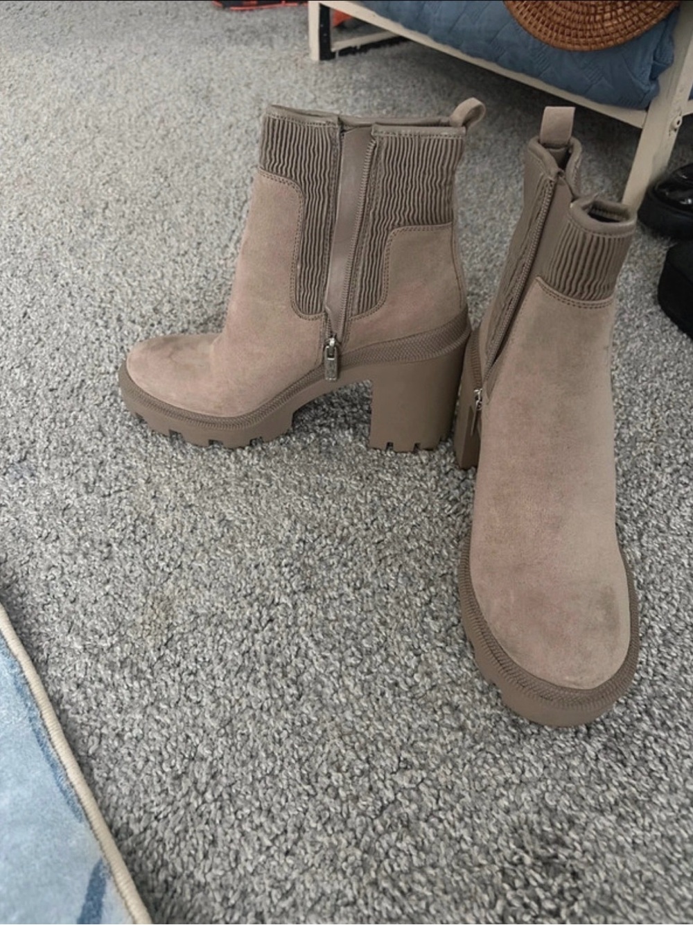 Jennifer Lopez Taupe Suede Lug Sole Ankle Booties